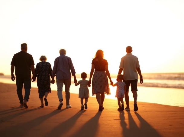 A family walking together on the beach at sunset